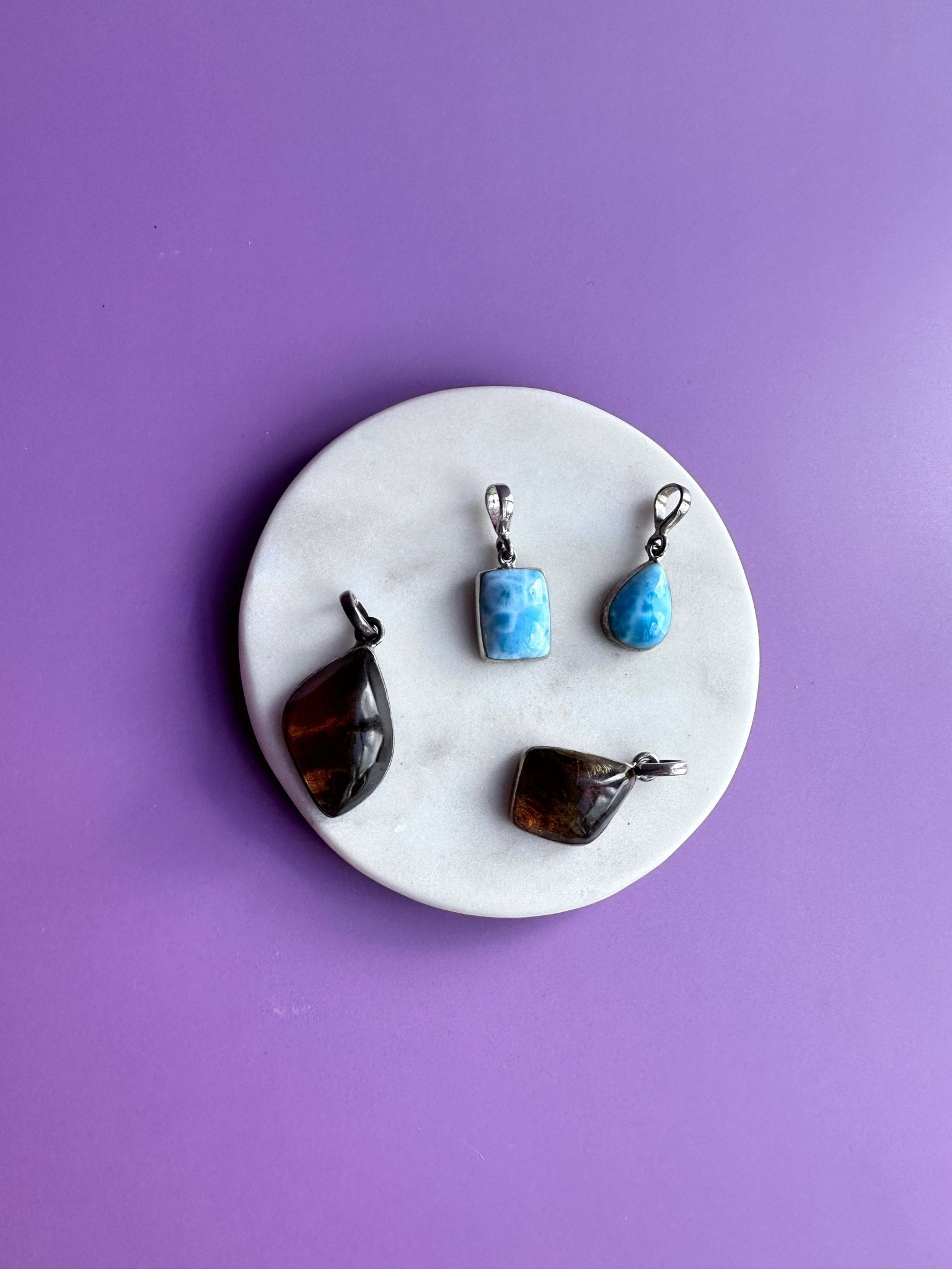 Amber and Larimar Pendants - Luna by Cinthia Garcia