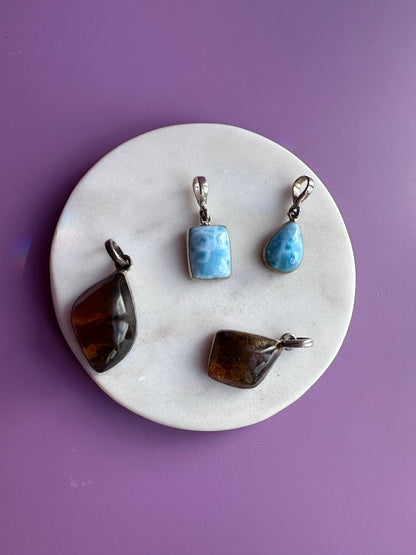 Amber and Larimar Pendants - Luna by Cinthia Garcia